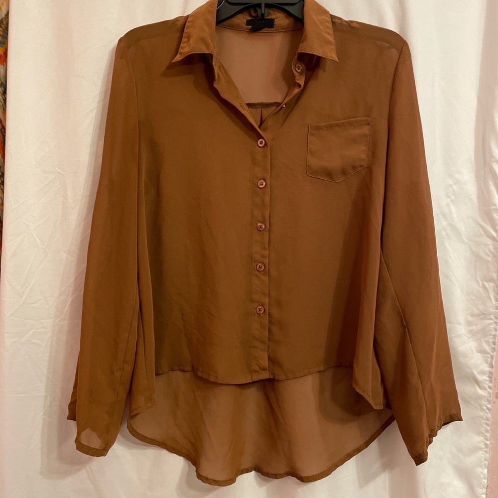 SOLD // Brown Sheer Button Down High Low Blouse